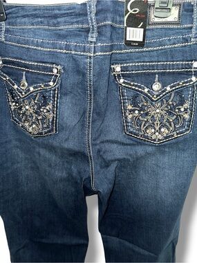 Earl Jeans 16 DK Blue Heavy Contrast Stitch Rhinestone Pockets Slim Bootcut Y2K